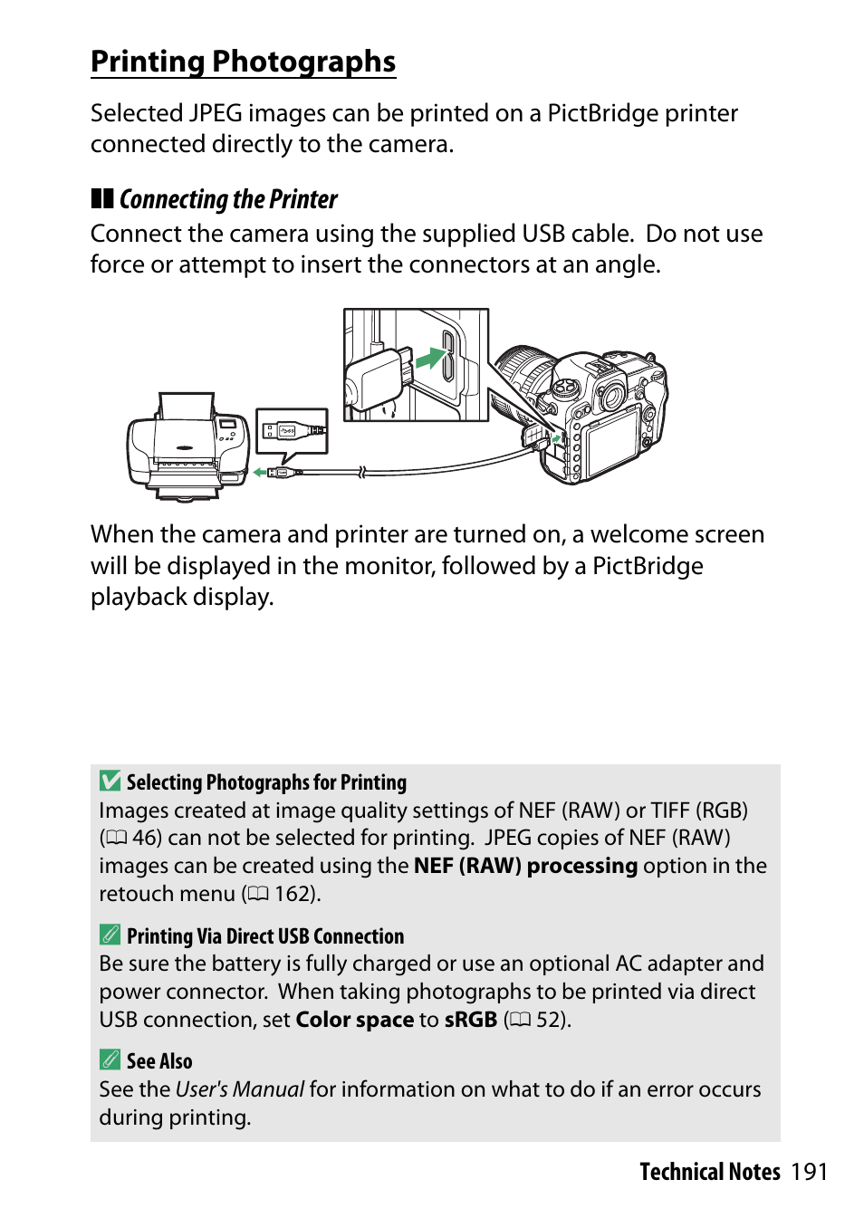 Printing photographs, Connecting the printer | Nikon D500 User Manual | Page 191 / 207