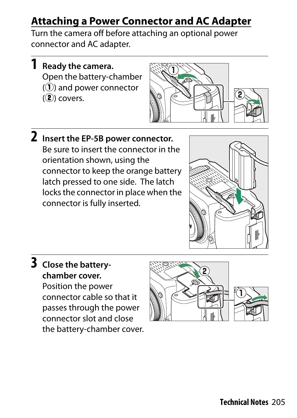 Attaching a power connector and ac adapter, 205 f | Nikon D500 User Manual | Page 205 / 207
