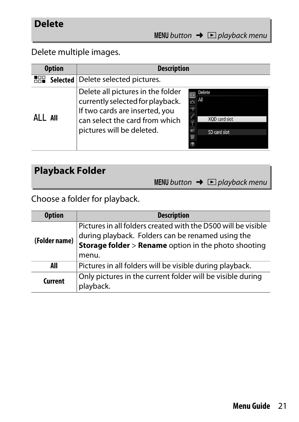 Delete, Playback folder, Folder | Nikon D500 User Manual | Page 21 / 207