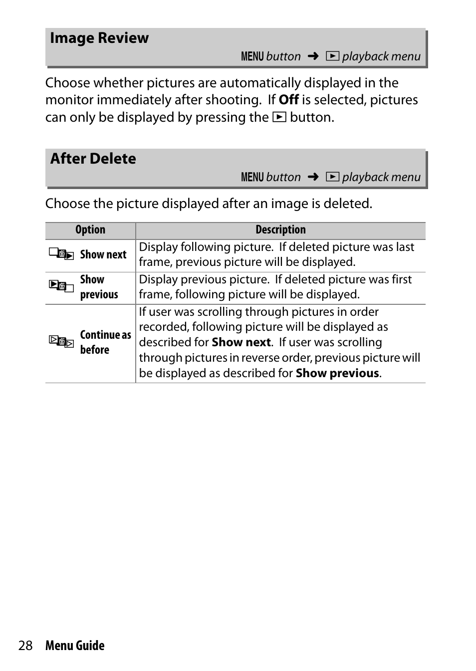 Image review, After delete | Nikon D500 User Manual | Page 28 / 207