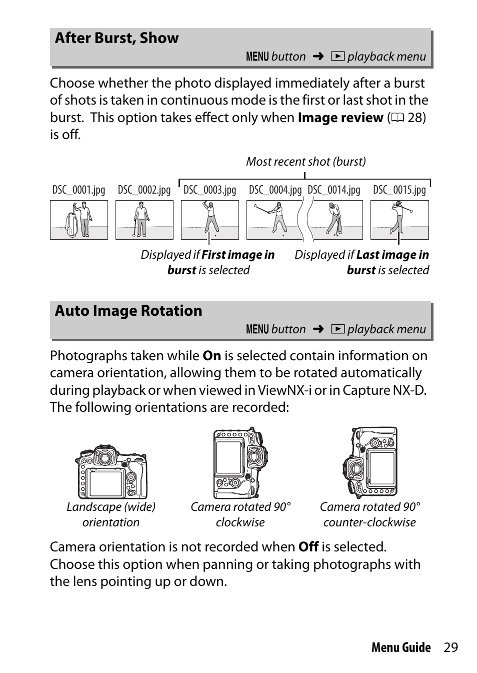 After burst, show, Auto image rotation | Nikon D500 User Manual | Page 29 / 207