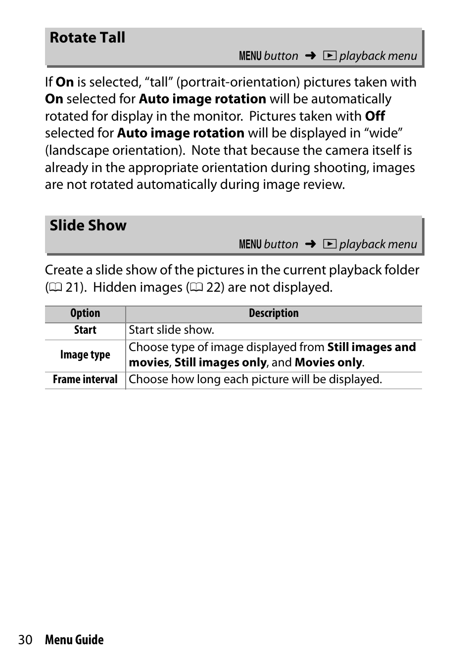 Rotate tall, Slide show | Nikon D500 User Manual | Page 30 / 207