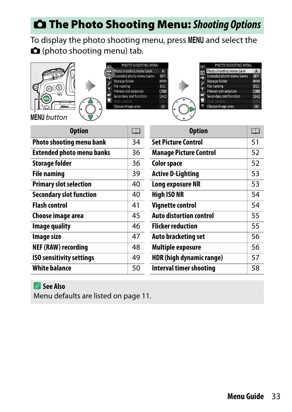 The photo shooting menu: shooting options, C the photo shooting menu: shooting options | Nikon D500 User Manual | Page 33 / 207