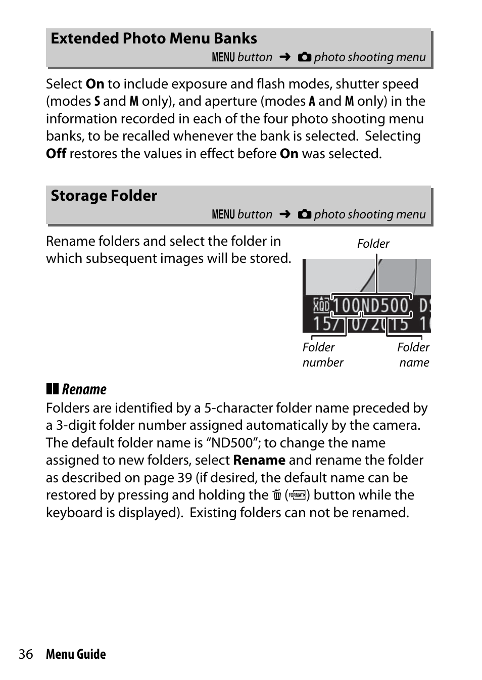 Extended photo menu banks, Storage folder, Rename | Nikon D500 User Manual | Page 36 / 207