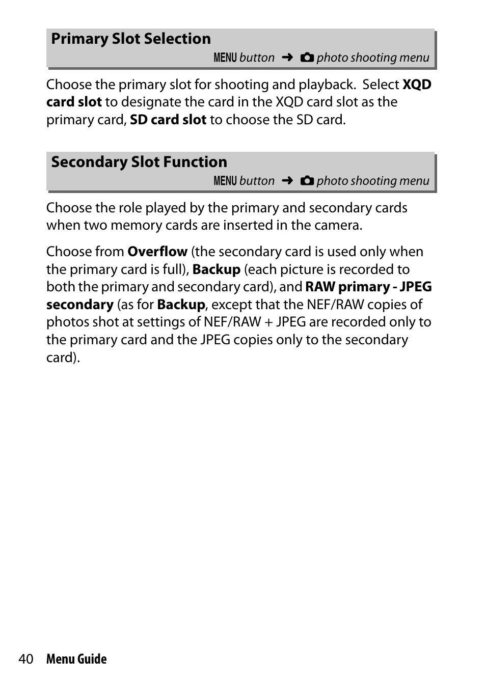 Primary slot selection, Secondary slot function, Nction | Nikon D500 User Manual | Page 40 / 207