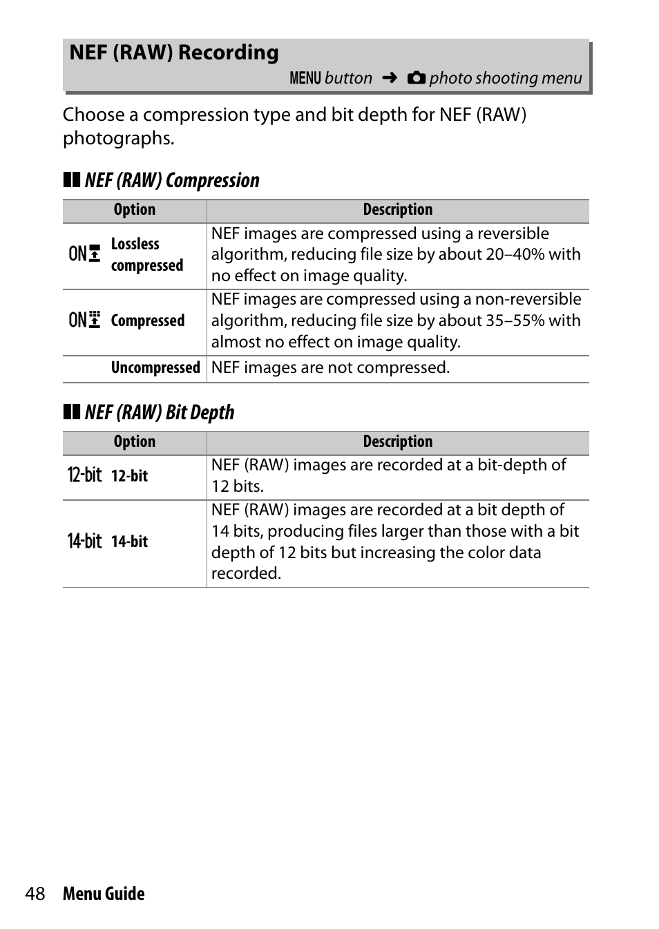 Nef (raw) recording | Nikon D500 User Manual | Page 48 / 207