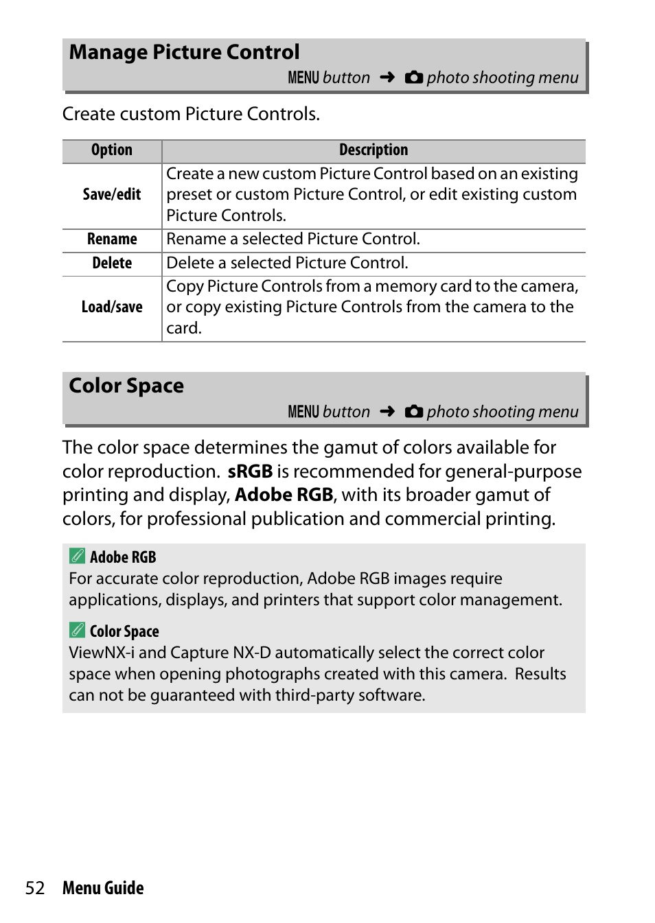 Manage picture control, Color space | Nikon D500 User Manual | Page 52 / 207