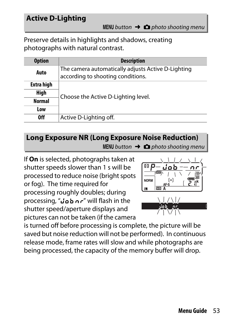 Active d-lighting, Long exposure nr (long exposure noise reduction) | Nikon D500 User Manual | Page 53 / 207