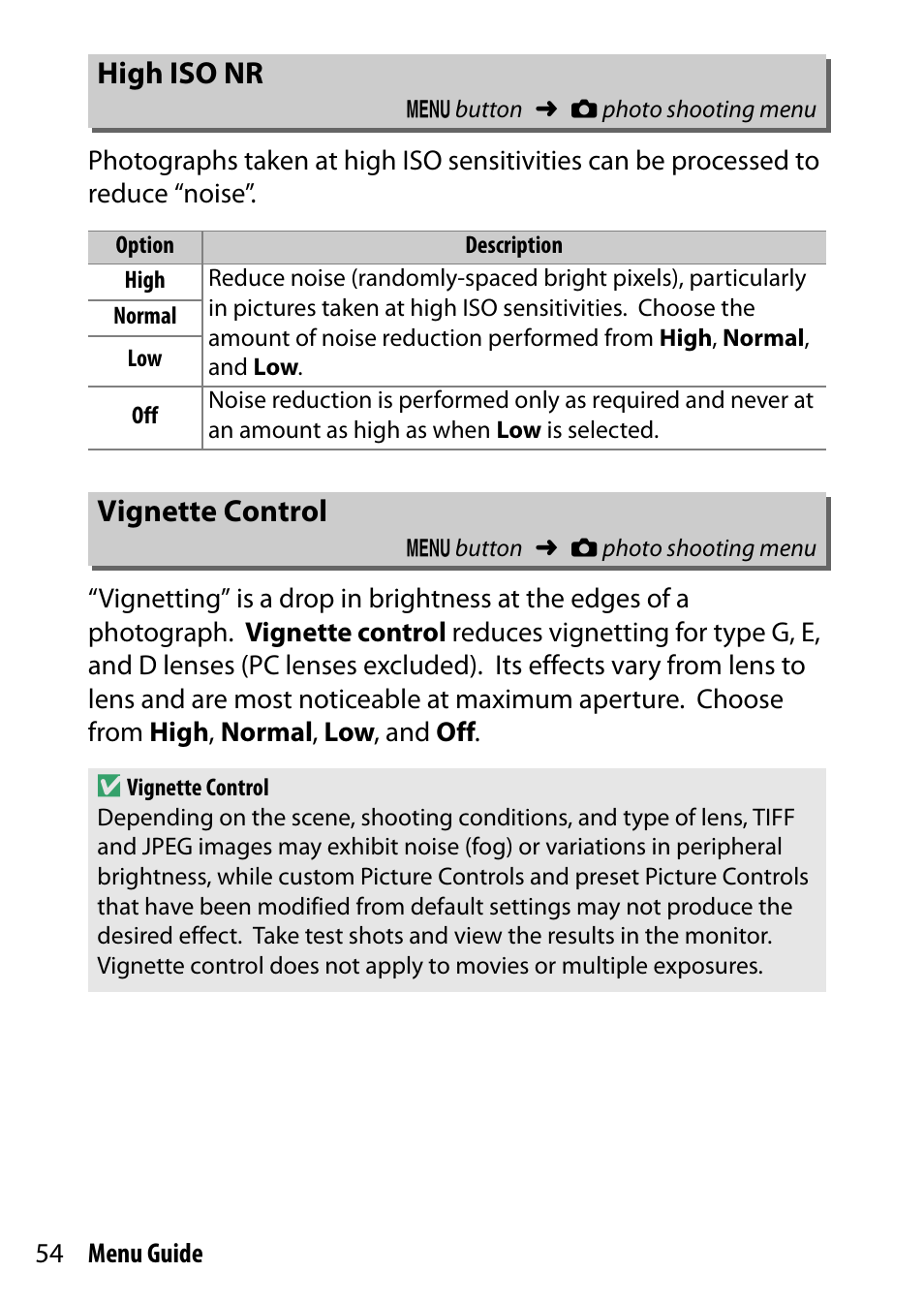 High iso nr, Vignette control, Tte control | Nikon D500 User Manual | Page 54 / 207