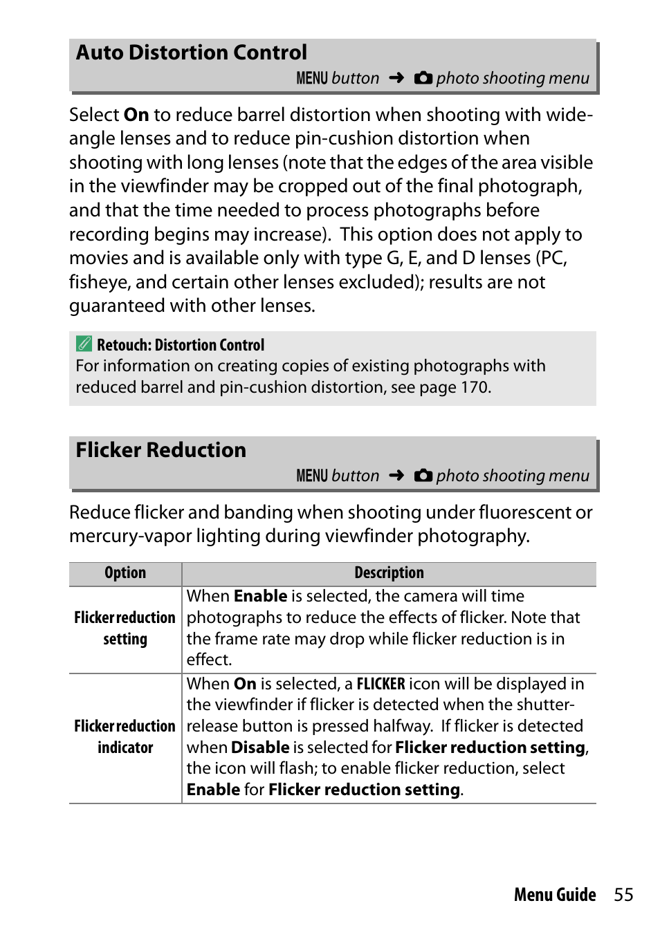 Auto distortion control, Flicker reduction | Nikon D500 User Manual | Page 55 / 207