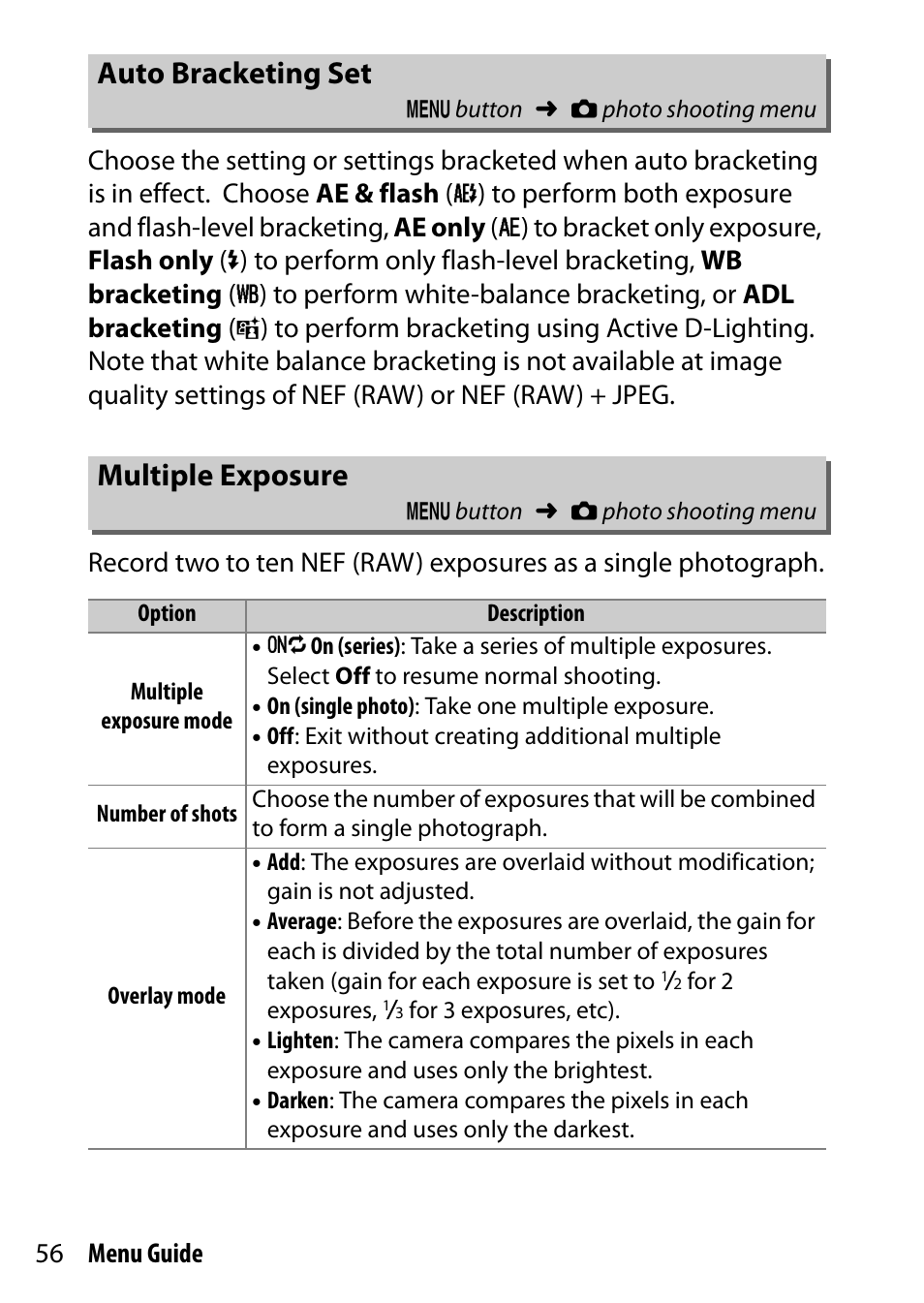 Auto bracketing set, Multiple exposure | Nikon D500 User Manual | Page 56 / 207