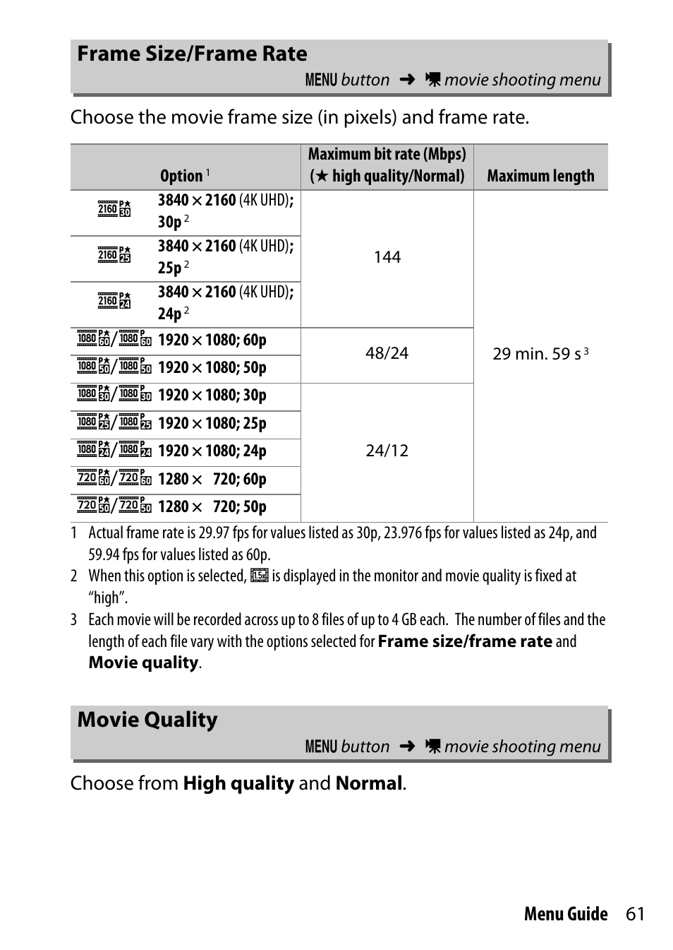 Frame size/frame rate, Movie quality | Nikon D500 User Manual | Page 61 / 207