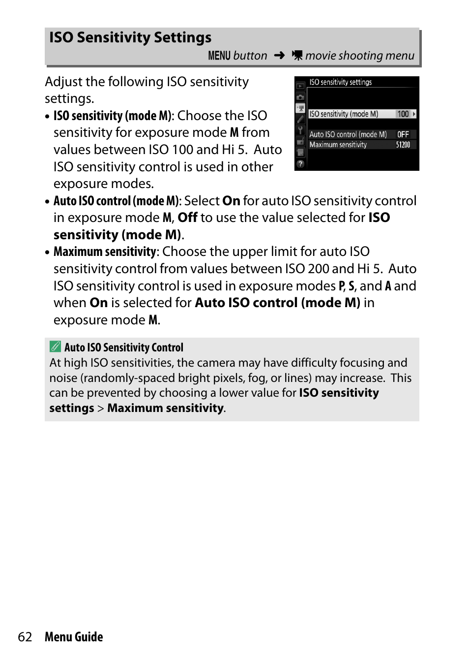 Iso sensitivity settings | Nikon D500 User Manual | Page 62 / 207