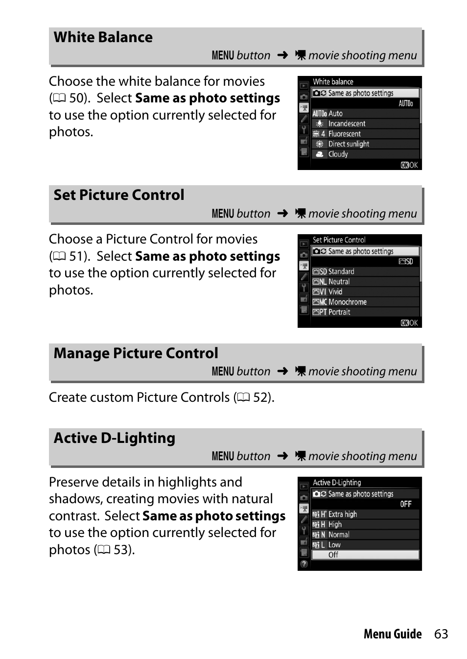 White balance, Set picture control, Manage picture control | Active d-lighting | Nikon D500 User Manual | Page 63 / 207