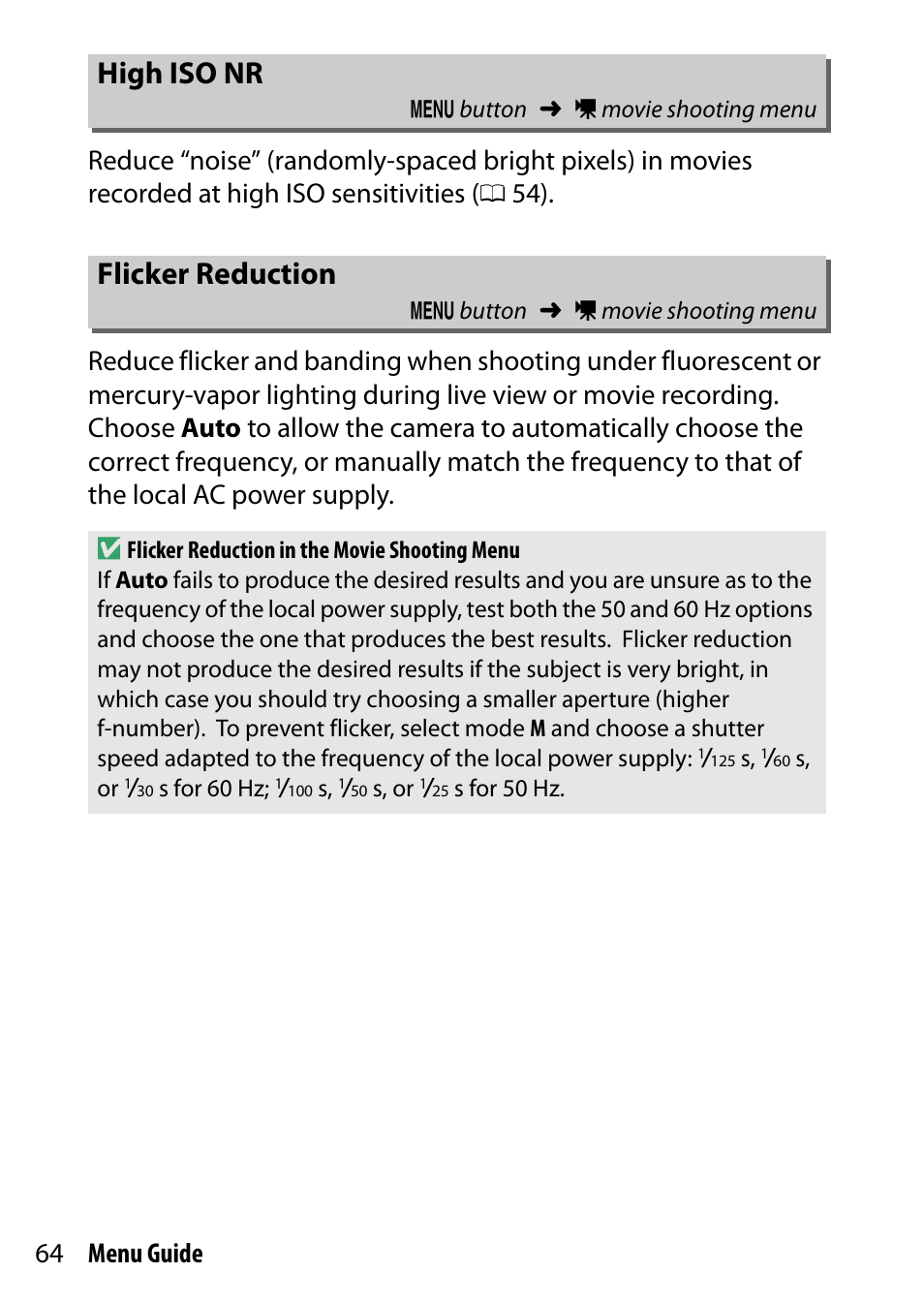 High iso nr, Flicker reduction, R reduction | Nikon D500 User Manual | Page 64 / 207