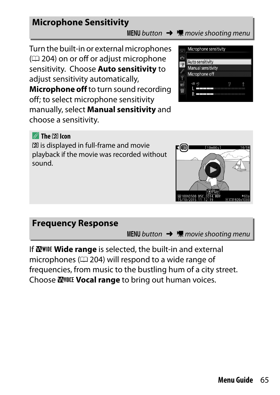 Microphone sensitivity, Frequency response | Nikon D500 User Manual | Page 65 / 207