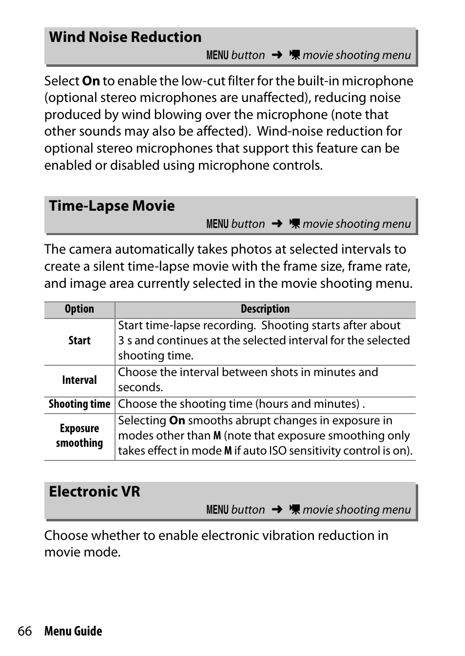 Wind noise reduction, Time-lapse movie, Electronic vr | Nikon D500 User Manual | Page 66 / 207