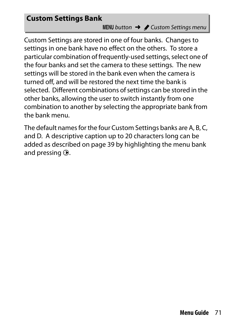 Custom settings bank | Nikon D500 User Manual | Page 71 / 207