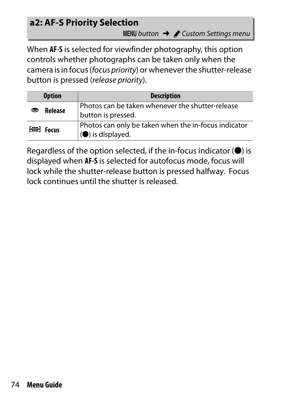 A2: af-s priority selection | Nikon D500 User Manual | Page 74 / 207