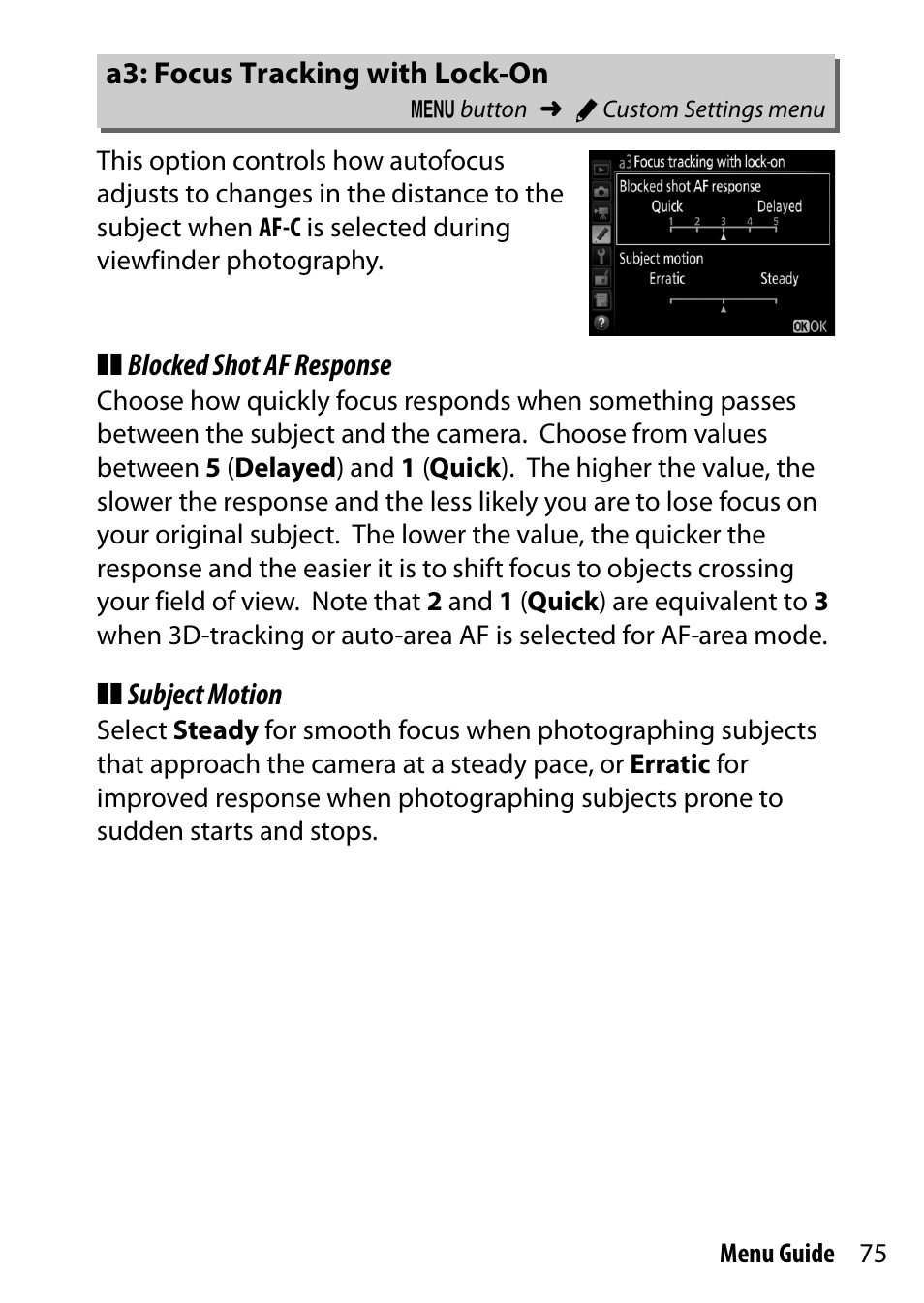 A3: focus tracking with lock-on | Nikon D500 User Manual | Page 75 / 207