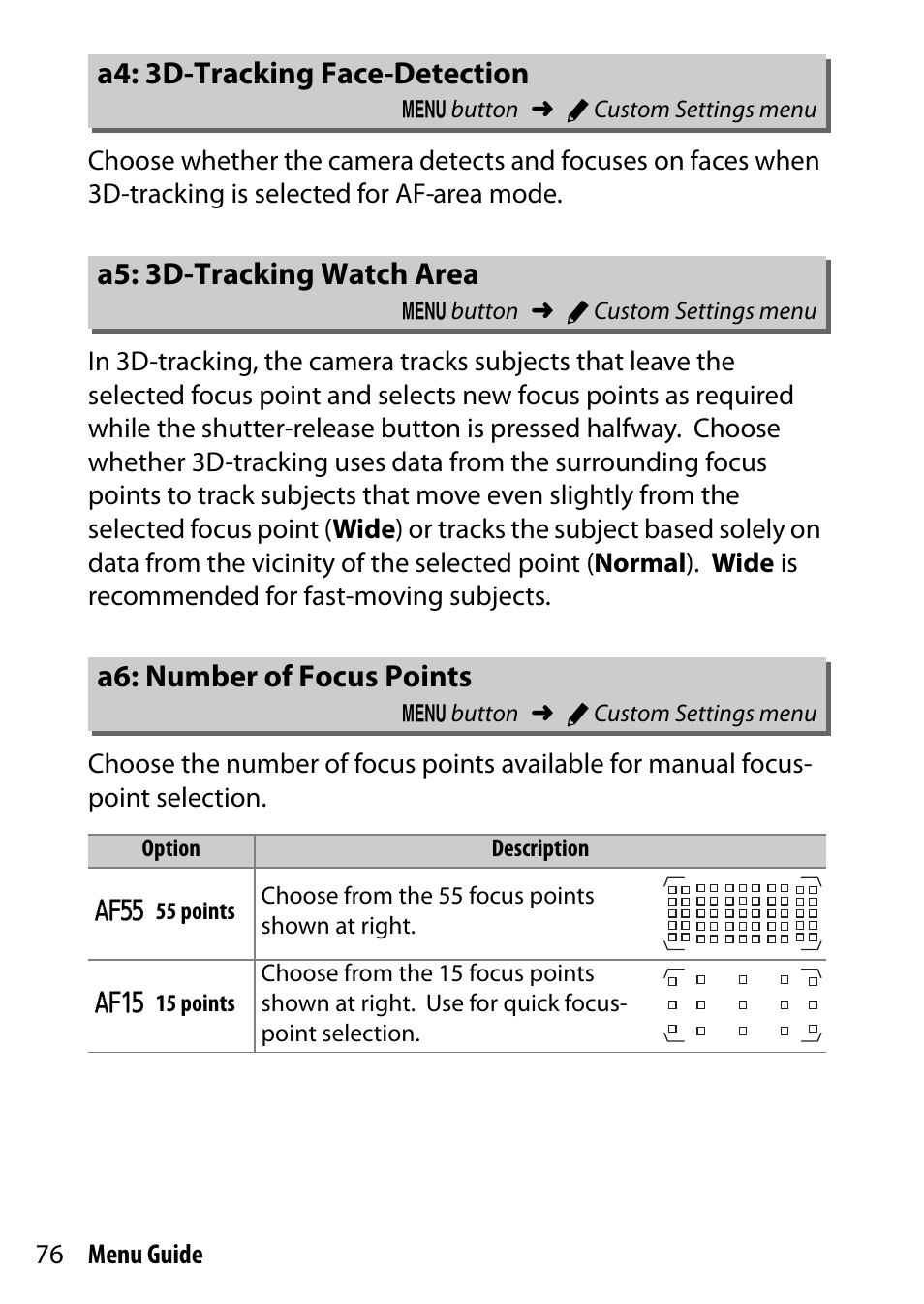 A4: 3d-tracking face-detection, A5: 3d-tracking watch area, A6: number of focus points | Nikon D500 User Manual | Page 76 / 207