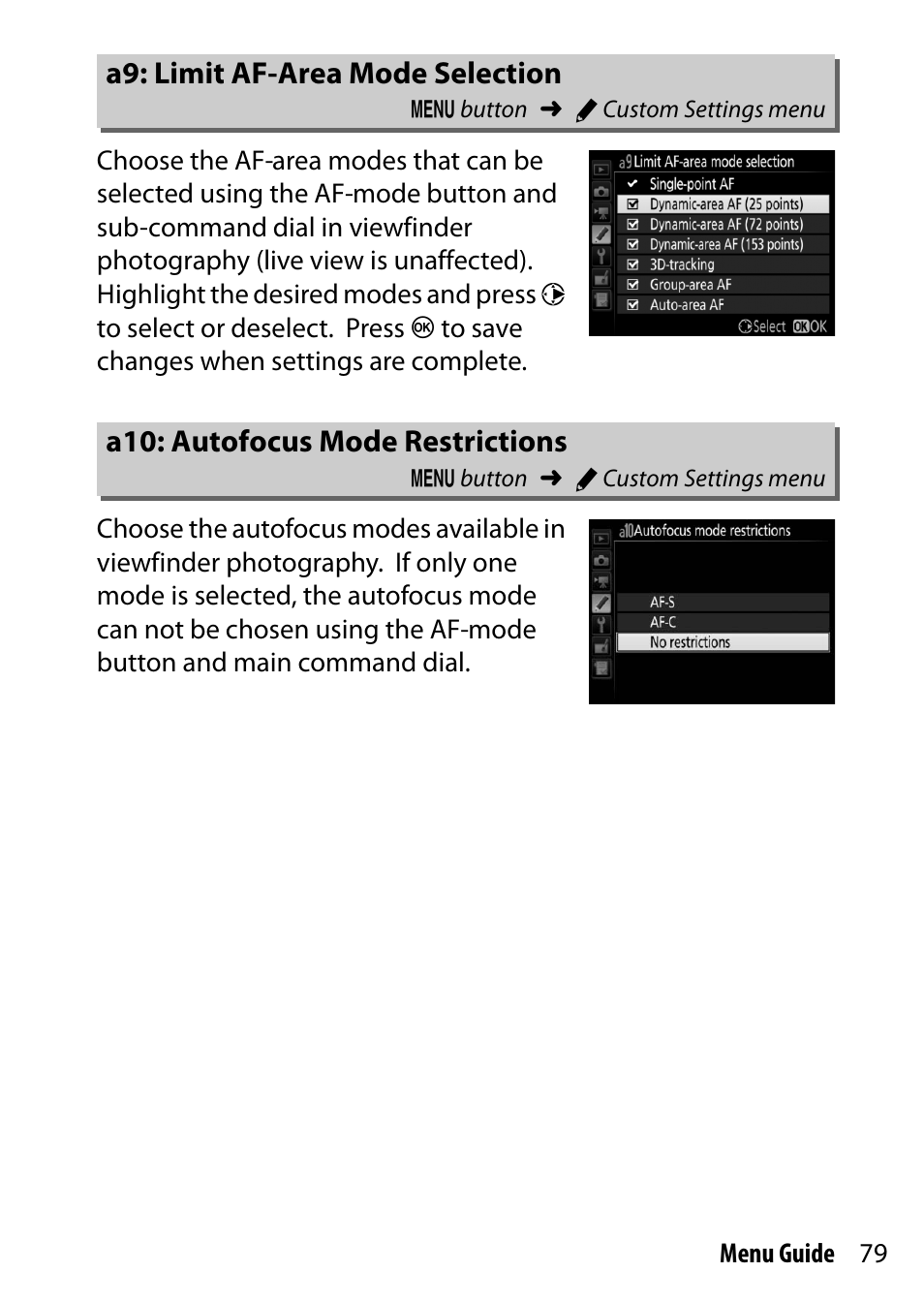 A9: limit af-area mode selection, A10: autofocus mode restrictions | Nikon D500 User Manual | Page 79 / 207