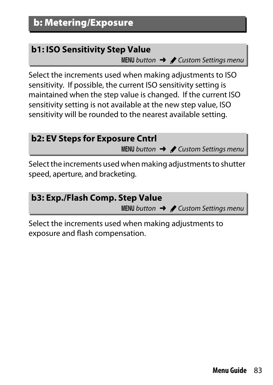 B: metering/exposure, B1: iso sensitivity step value, B2: ev steps for exposure cntrl | B3: exp./flash comp. step value, Cntrl | Nikon D500 User Manual | Page 83 / 207