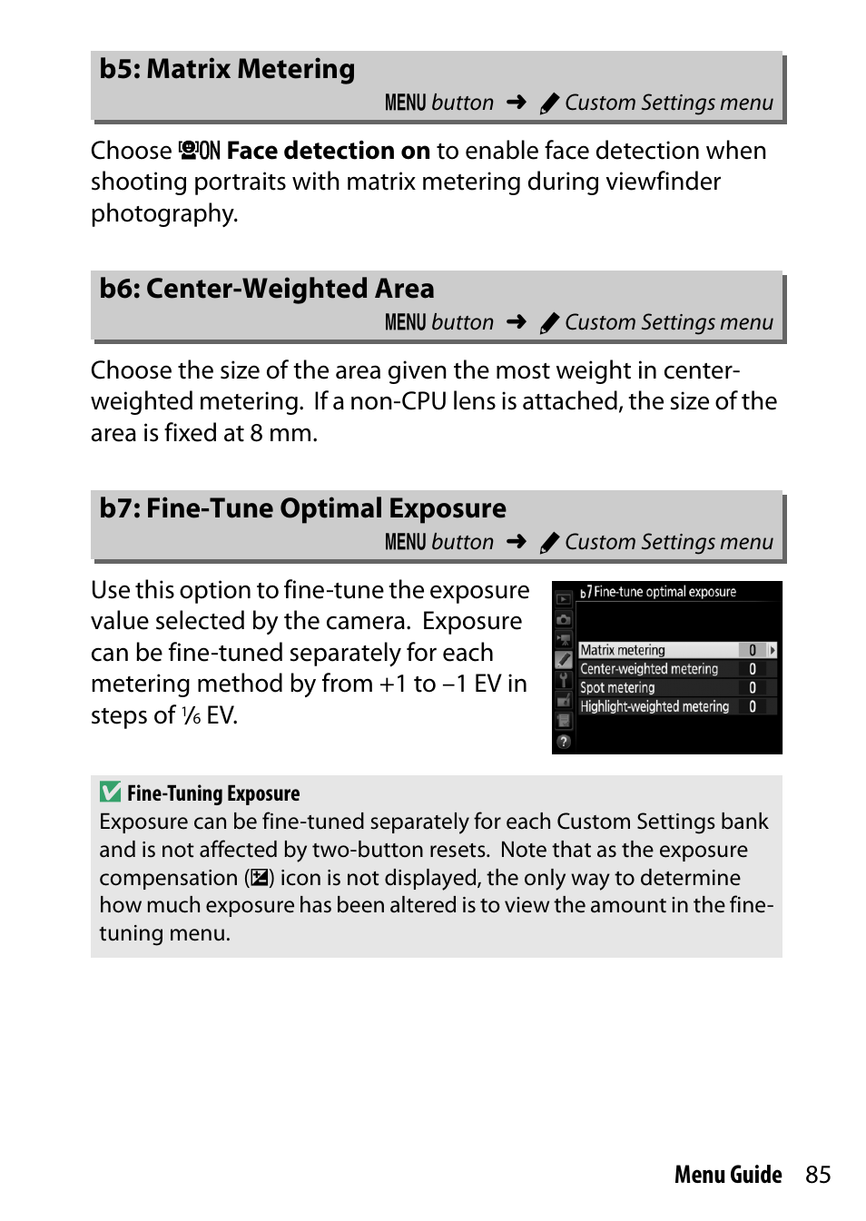 B5: matrix metering, B6: center-weighted area, B7: fine-tune optimal exposure | Nikon D500 User Manual | Page 85 / 207