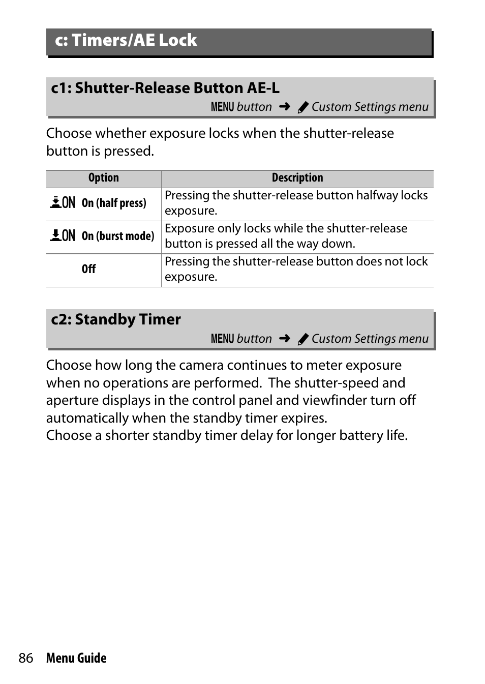 C: timers/ae lock, C1: shutter-release button ae-l, C2: standby timer | Nikon D500 User Manual | Page 86 / 207