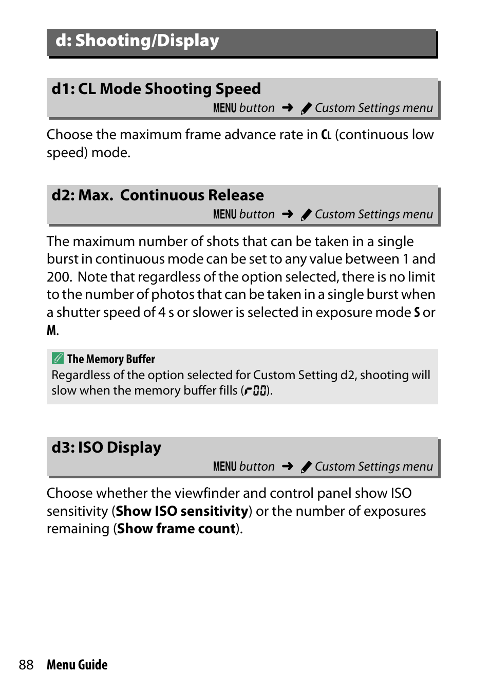 D: shooting/display, D1: cl mode shooting speed, D2: max. continuous release | D3: iso display, Ontinuous release | Nikon D500 User Manual | Page 88 / 207