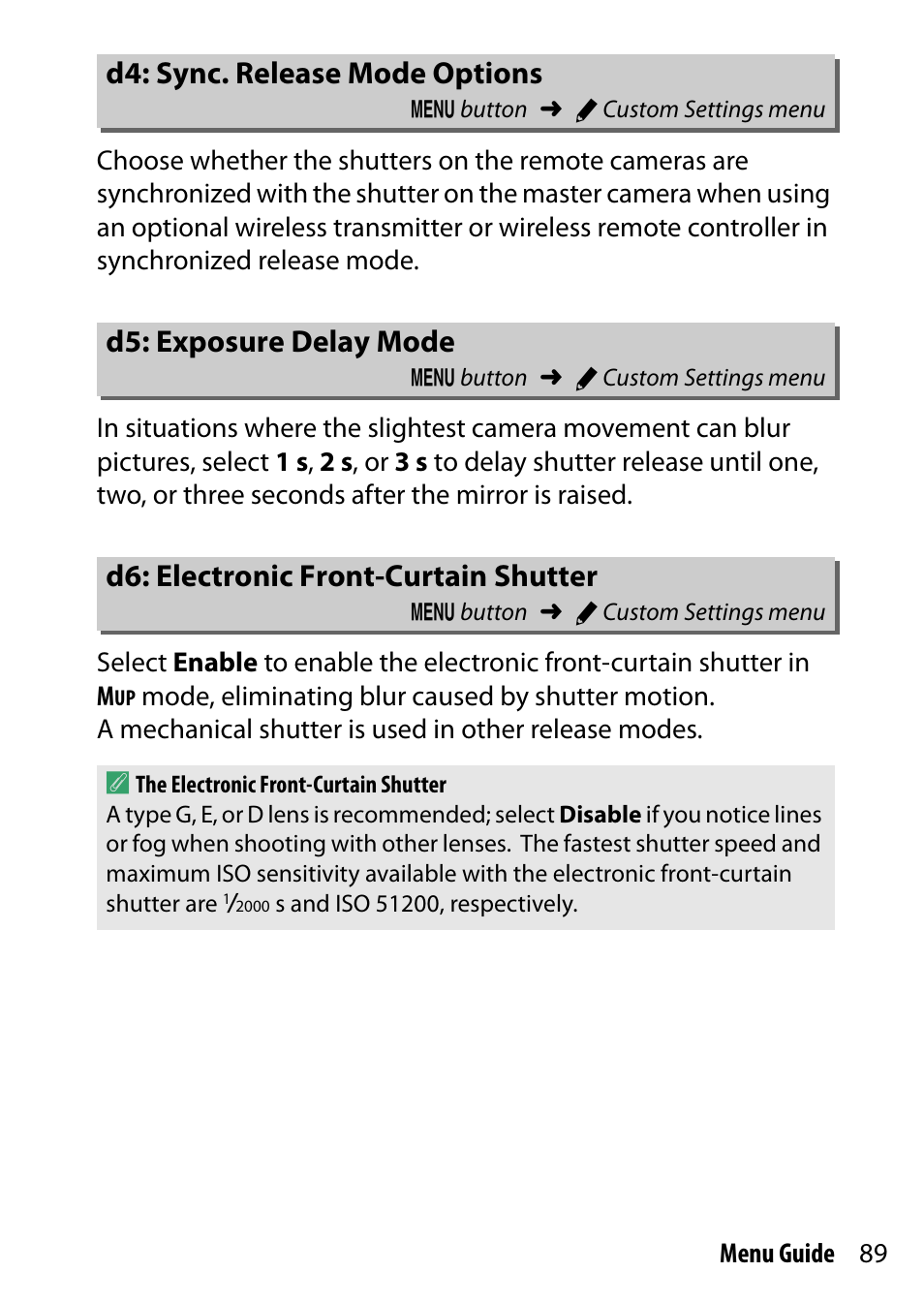 D4: sync. release mode options, D5: exposure delay mode, D6: electronic front-curtain shutter | Delay mode | Nikon D500 User Manual | Page 89 / 207