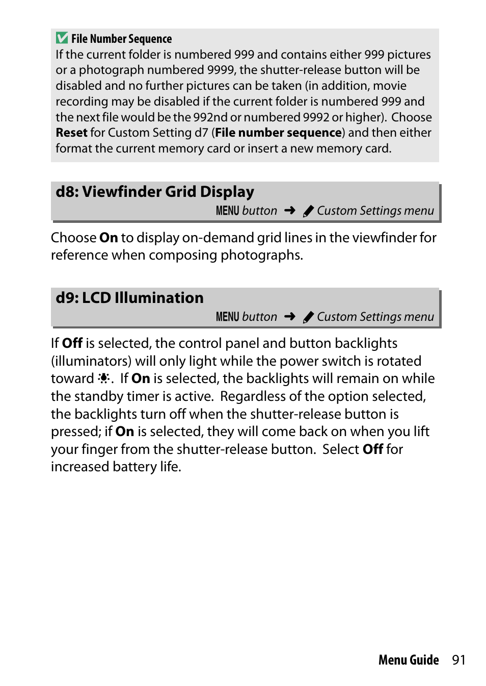 D8: viewfinder grid display, D9: lcd illumination | Nikon D500 User Manual | Page 91 / 207