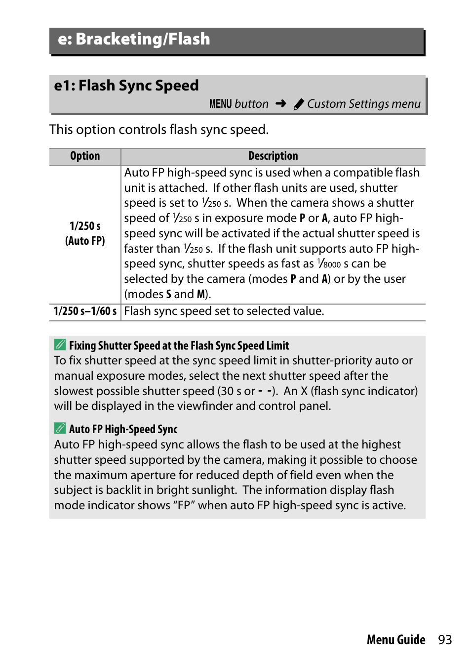 E: bracketing/flash, E1: flash sync speed | Nikon D500 User Manual | Page 93 / 207