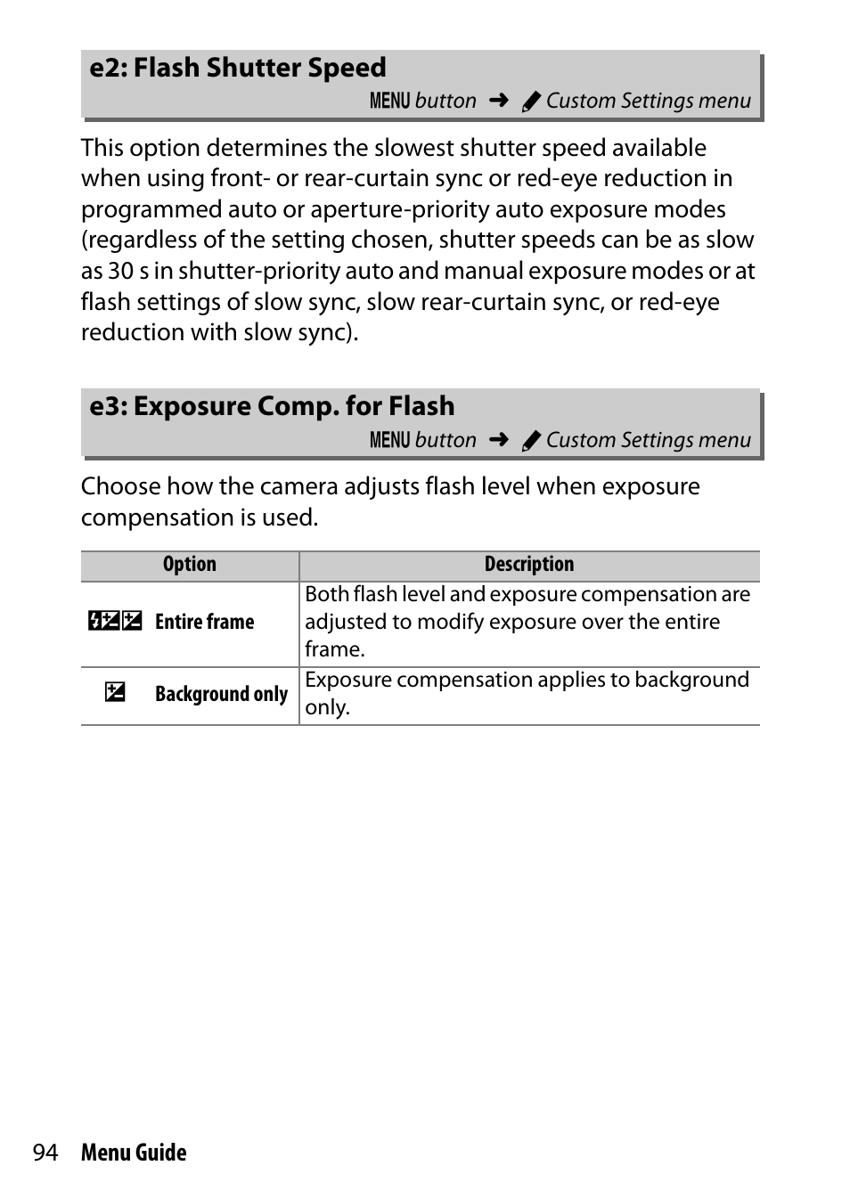 E2: flash shutter speed, E3: exposure comp. for flash | Nikon D500 User Manual | Page 94 / 207