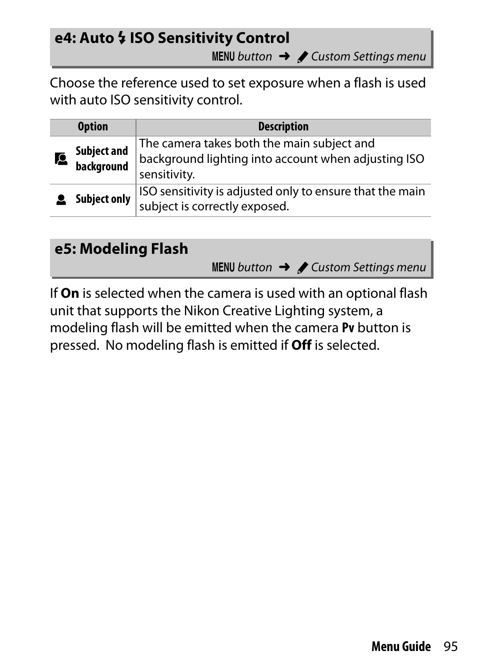 E4: auto flash iso sensitivity control, E5: modeling flash, E4: auto m iso sensitivity control | Nikon D500 User Manual | Page 95 / 207