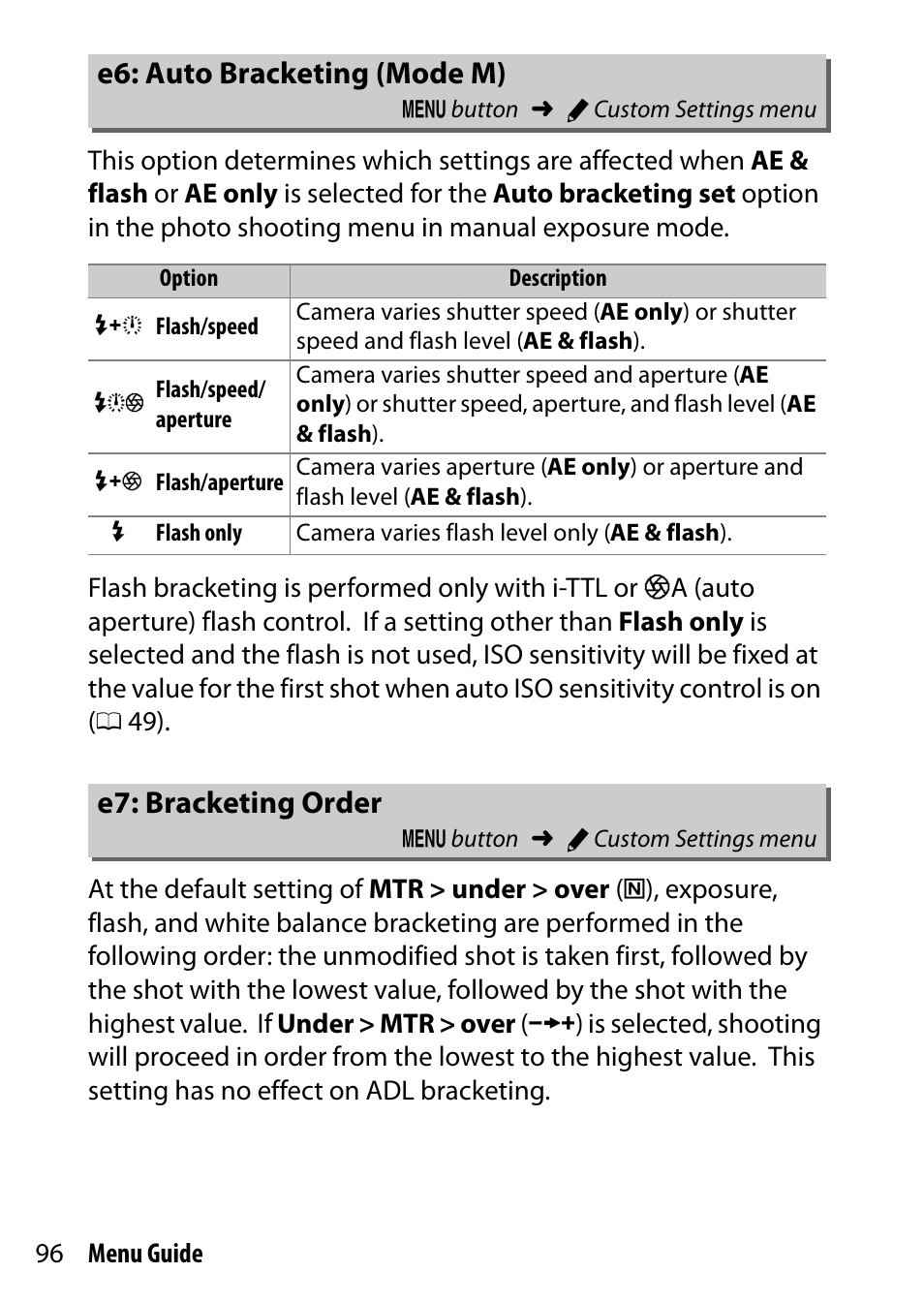 E6: auto bracketing (mode m), E7: bracketing order | Nikon D500 User Manual | Page 96 / 207