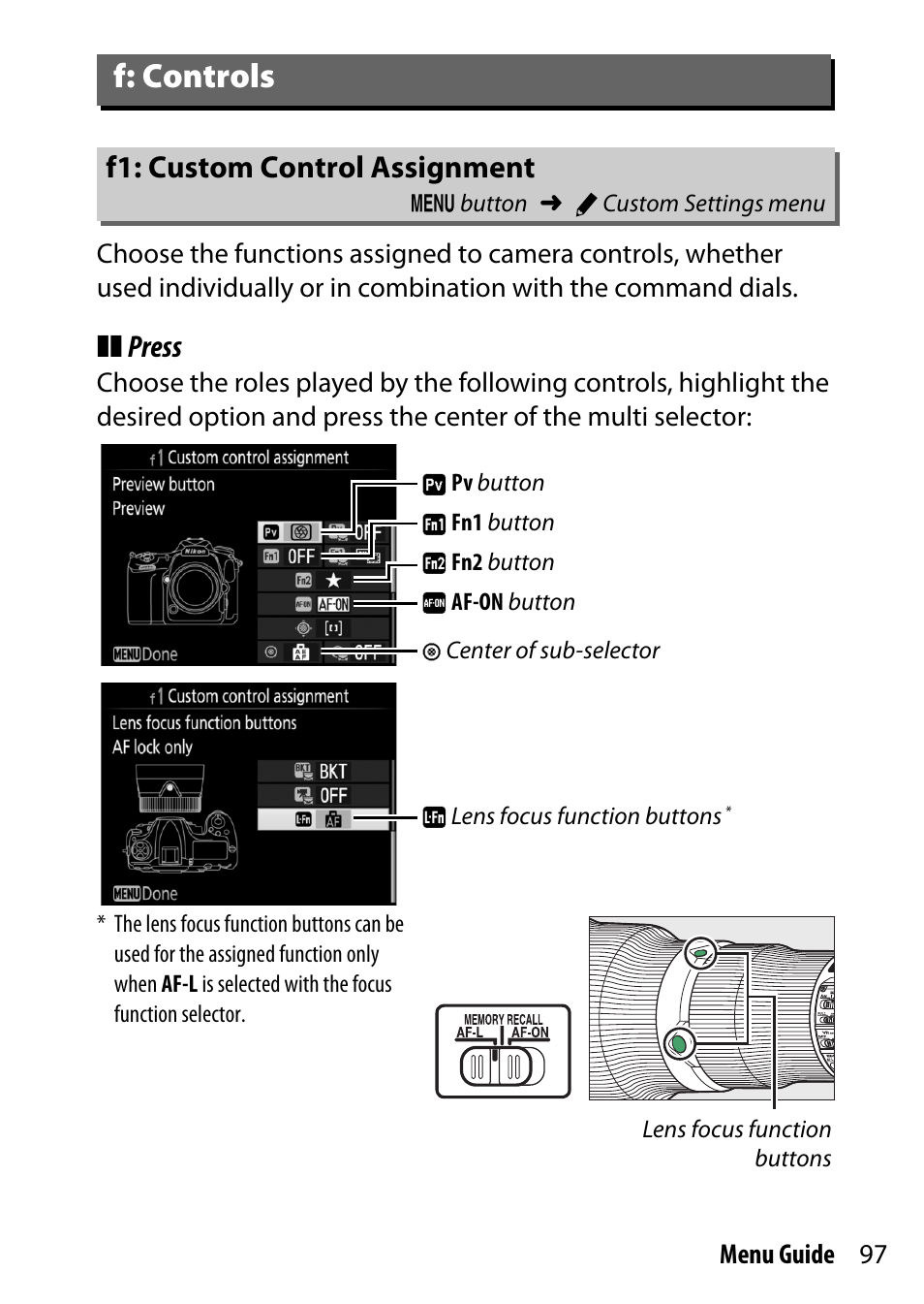 F: controls, F1: custom control assignment, Press | Nikon D500 User Manual | Page 97 / 207