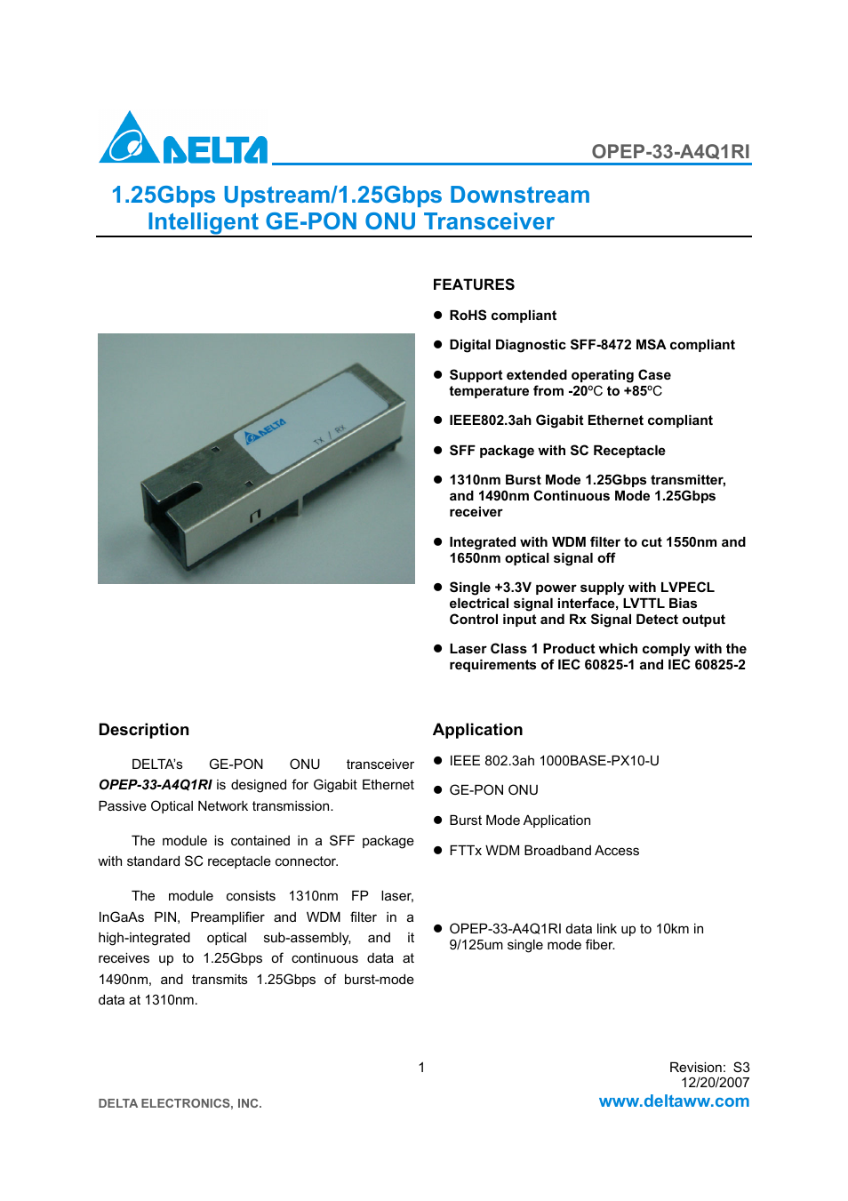 Delta Electronics Downstream Intelligent GE-PON ONU Transceiver OPEP-33-A4Q1RI User Manual | 14 pages