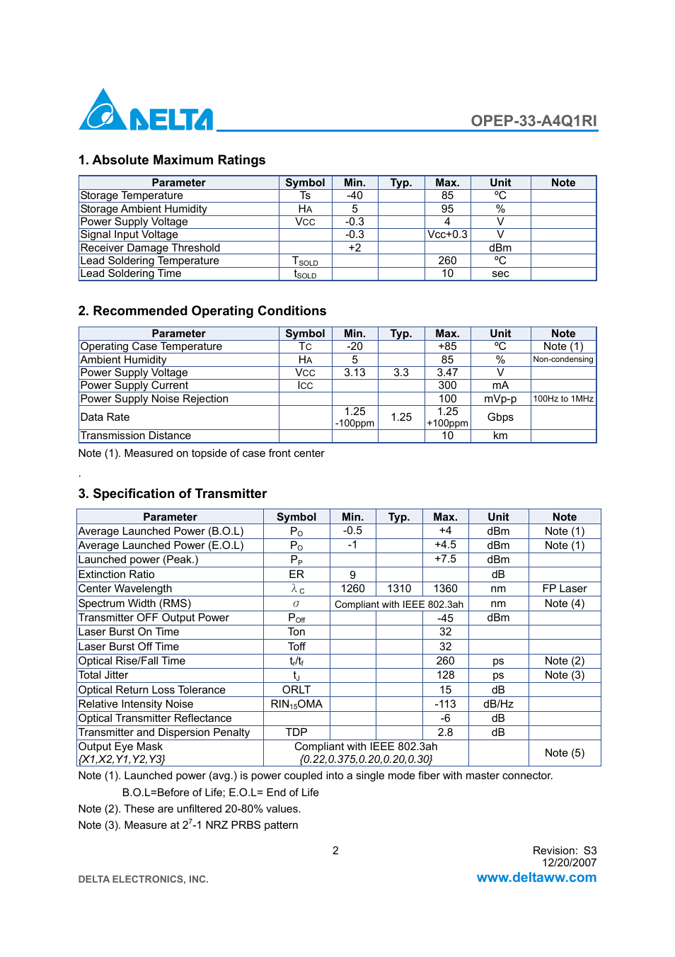 Opep-33-a4q1ri | Delta Electronics Downstream Intelligent GE-PON ONU Transceiver OPEP-33-A4Q1RI User Manual | Page 2 / 14