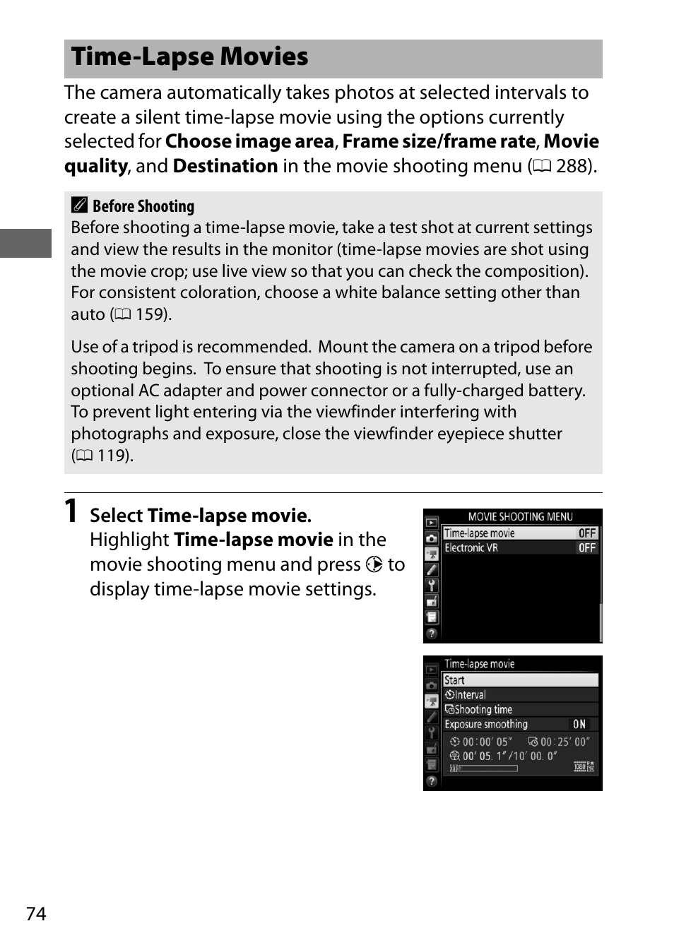 Time-lapse movies | Nikon D500 User Manual | Page 100 / 432