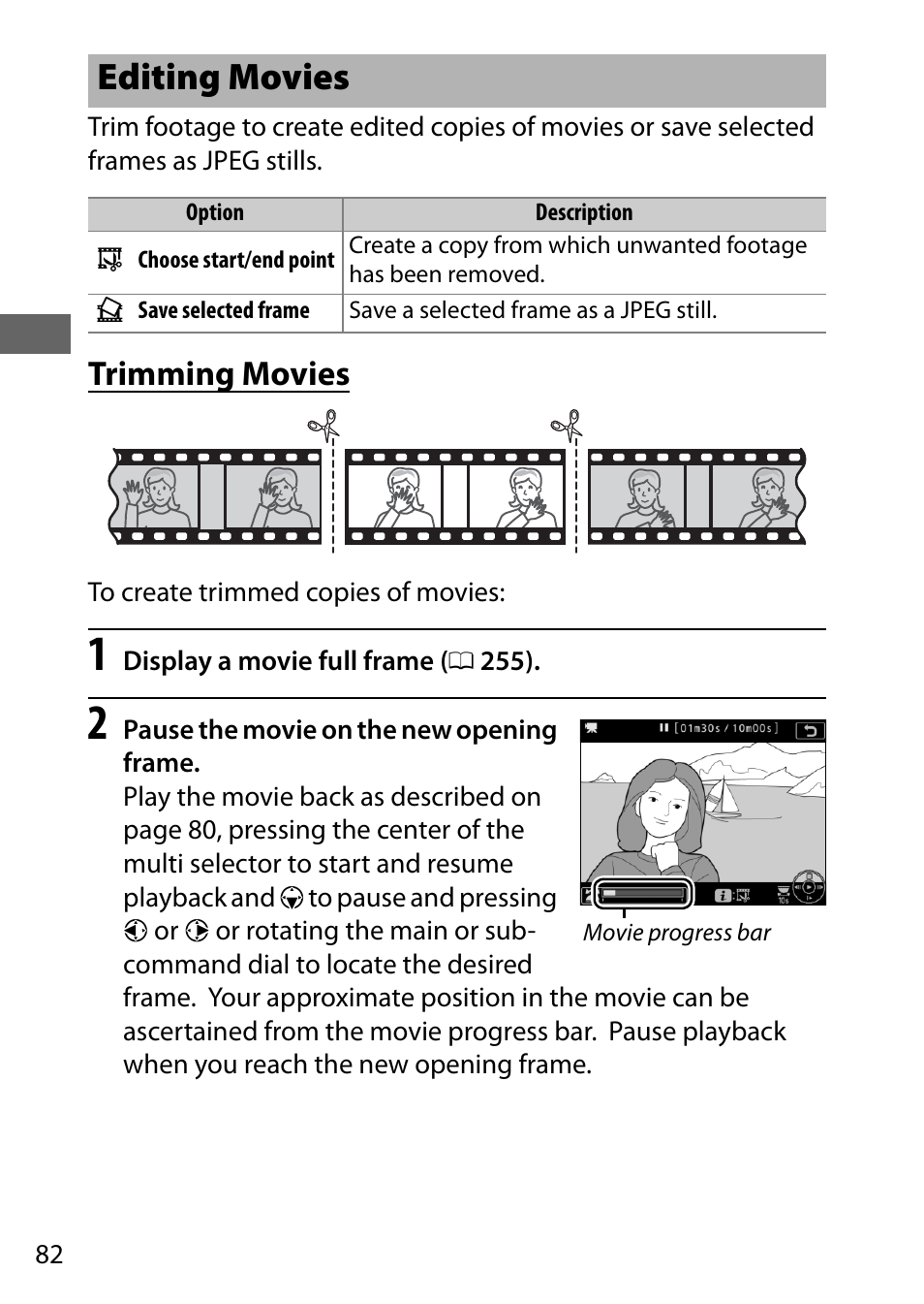 Editing movies, Trimming movies, 82 f | Nikon D500 User Manual | Page 108 / 432