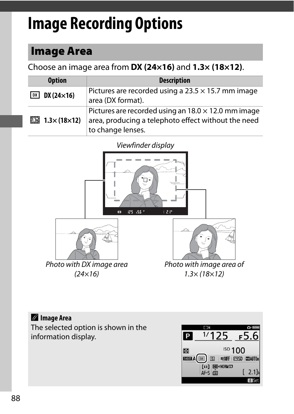 Image recording options, Image area | Nikon D500 User Manual | Page 114 / 432