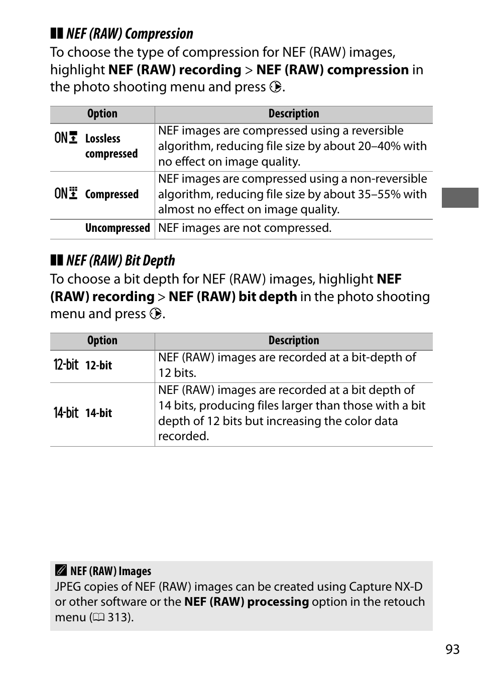 Nef (raw) compression, Nef (raw) bit depth | Nikon D500 User Manual | Page 119 / 432