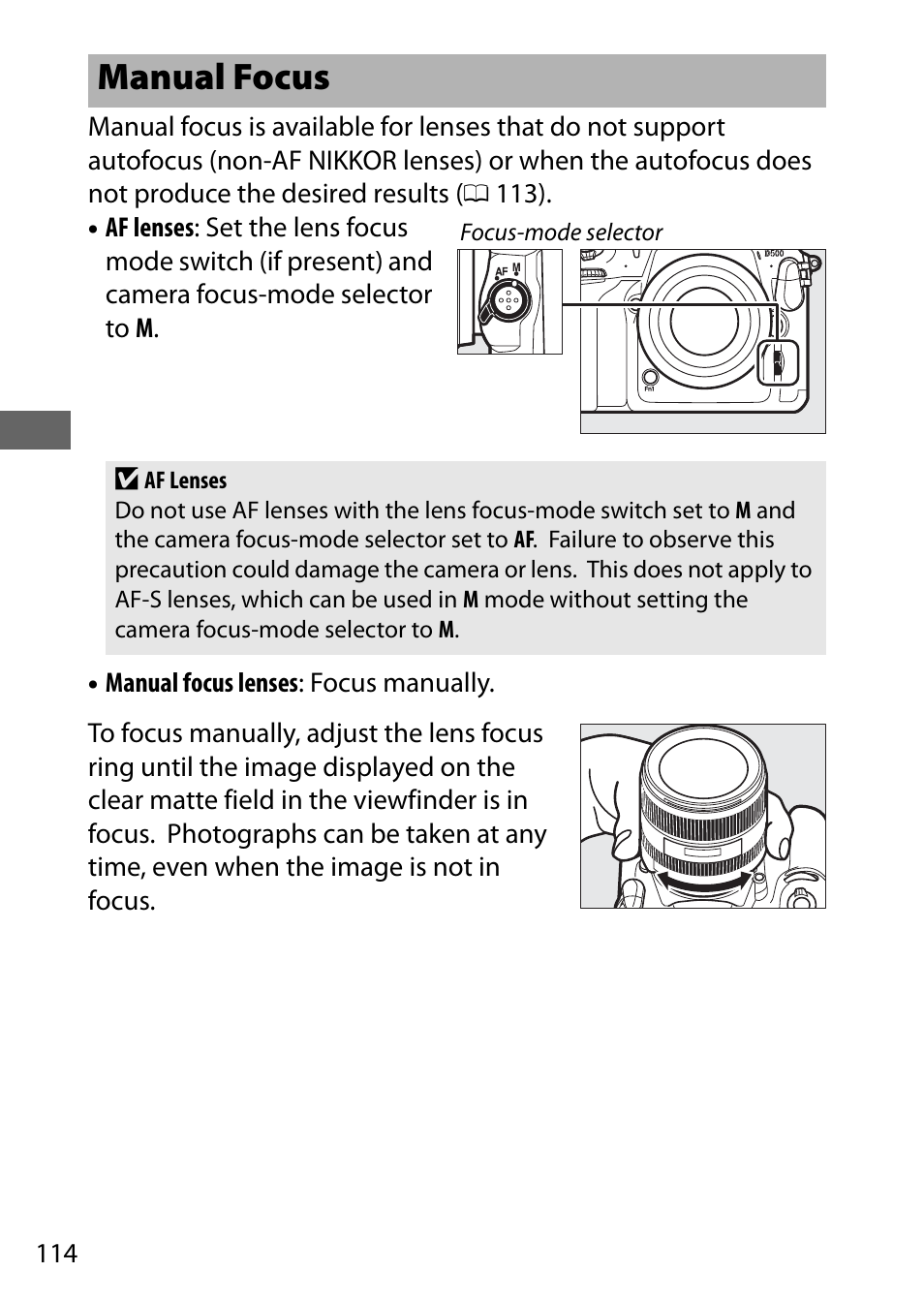 Manual focus | Nikon D500 User Manual | Page 140 / 432