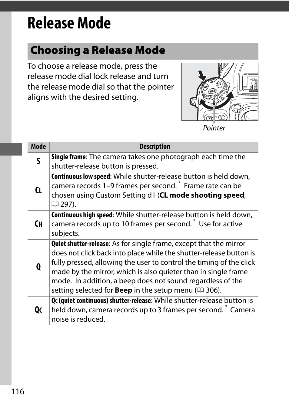 Release mode, Choosing a release mode | Nikon D500 User Manual | Page 142 / 432