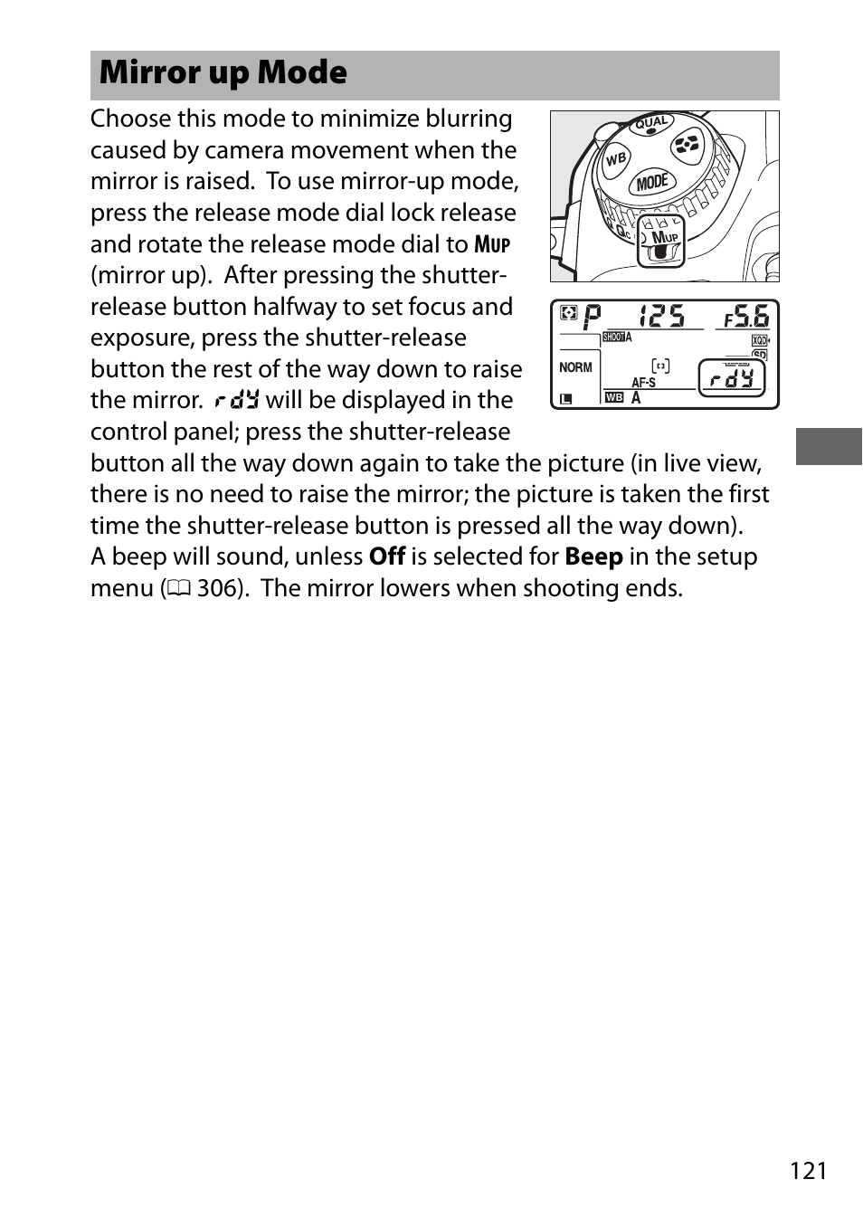 Mirror up mode | Nikon D500 User Manual | Page 147 / 432