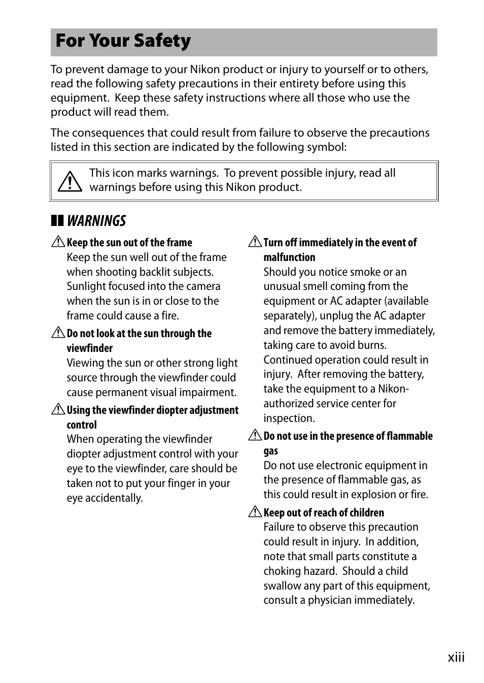 For your safety, Xiii | Nikon D500 User Manual | Page 15 / 432