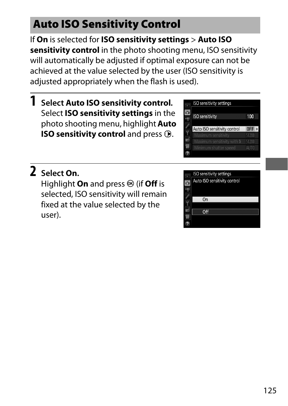 Auto iso sensitivity control | Nikon D500 User Manual | Page 151 / 432