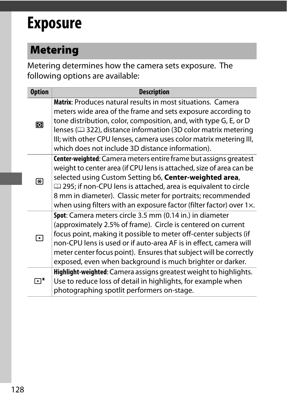 Exposure, Metering | Nikon D500 User Manual | Page 154 / 432