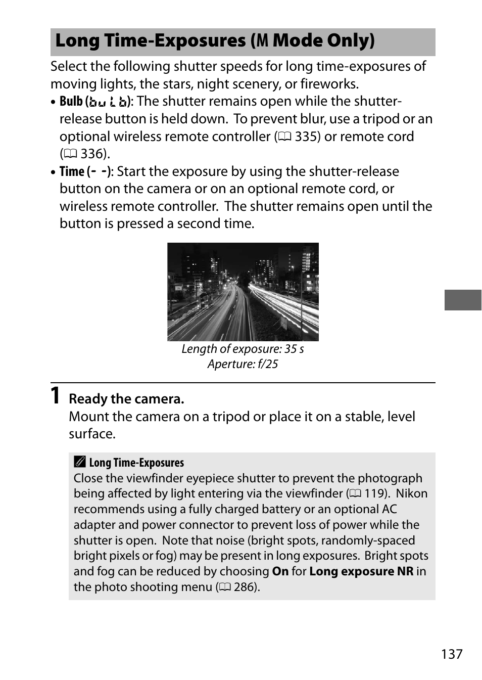 Long time-exposures (m mode only), 0 137) or | Nikon D500 User Manual | Page 163 / 432